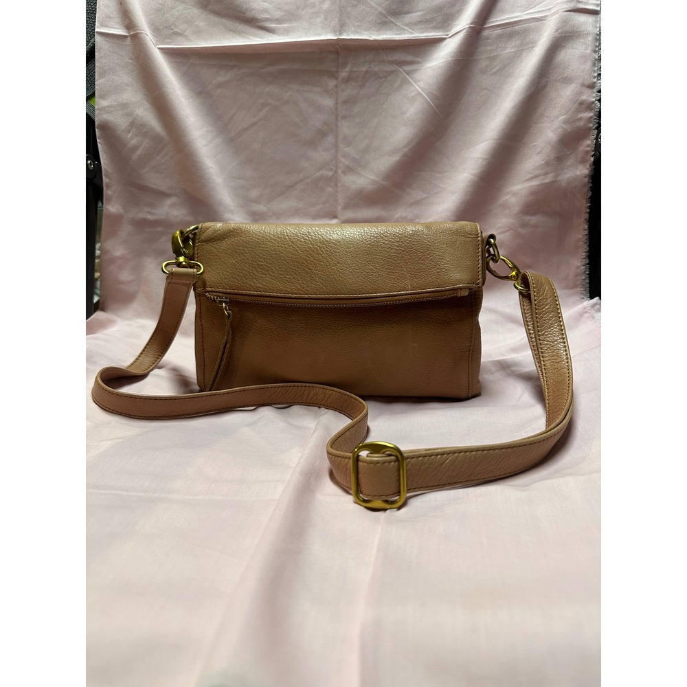 Osgoode Marley Tan Pebbled Leather Crossbody Bag Foldover Flap Brass Hardware